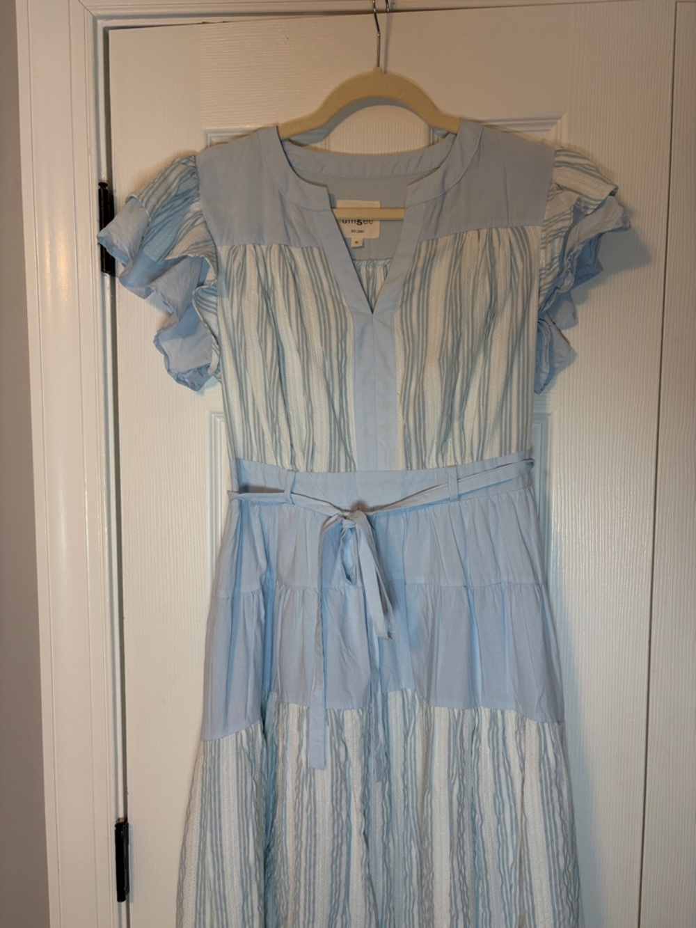 Umgee Light Blue Striped Midi Dress with Tie Waist